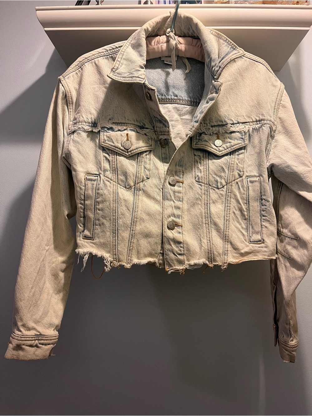 BDG Cropped Beige Denim Jacket with Raw Hem